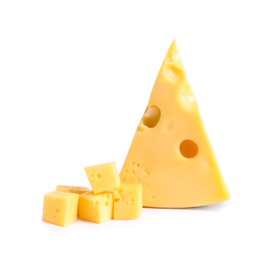 Photo of Pieces of cheese with holes on white background