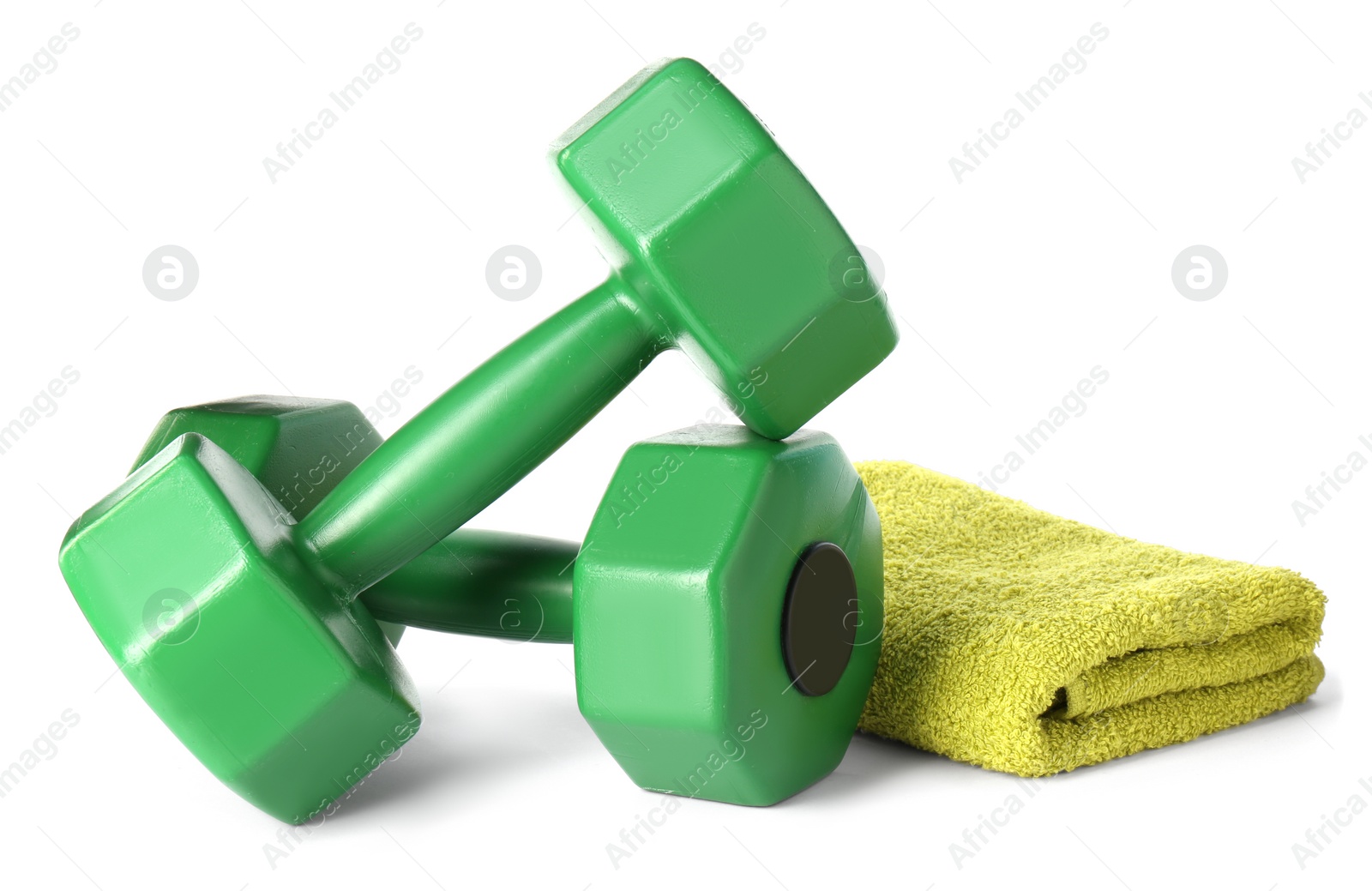 Photo of Dumbbells and towel isolated on white. Sports equipment