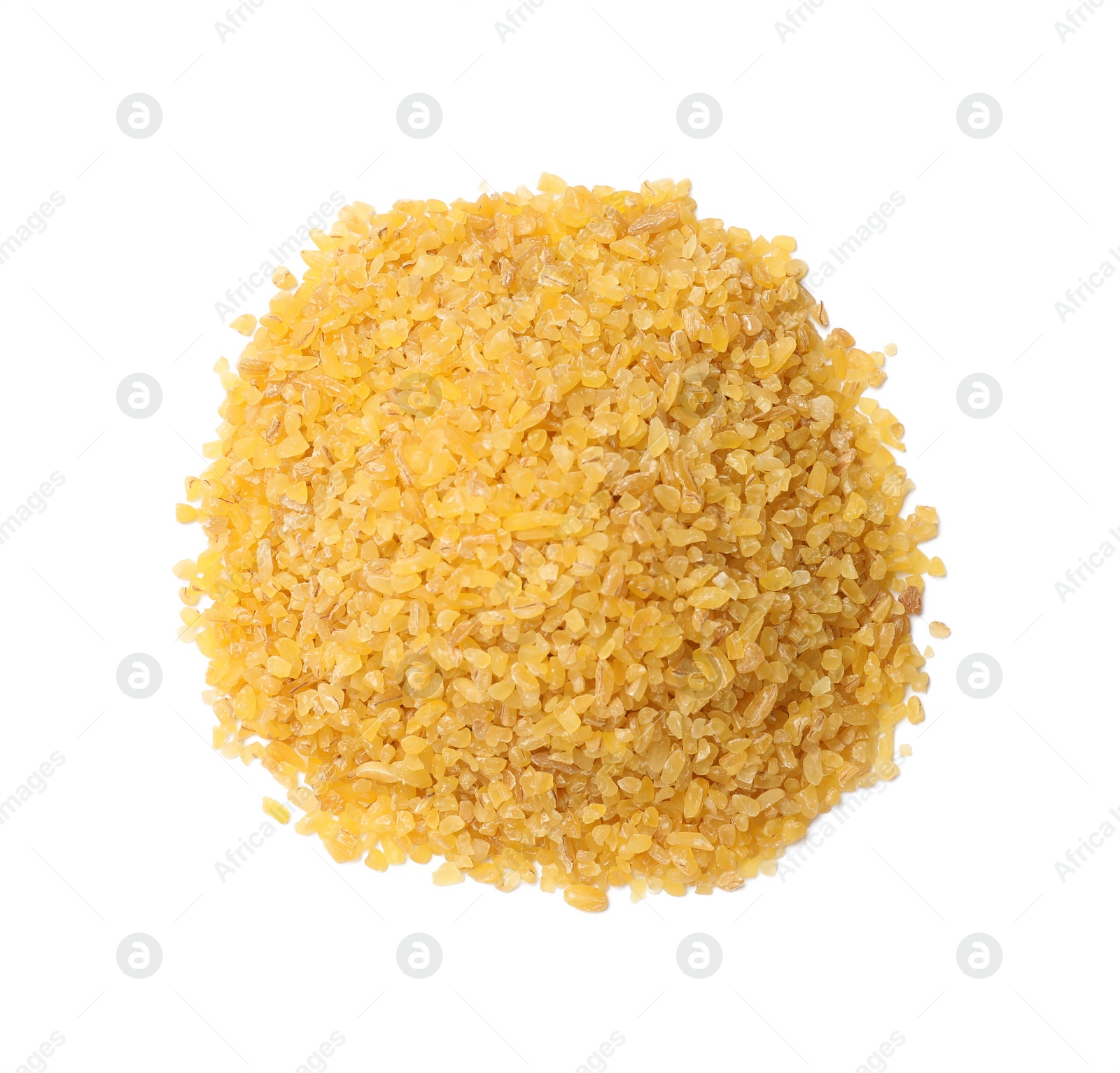 Photo of Pile of raw bulgur isolated on white, top view