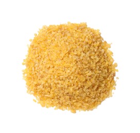 Pile of raw bulgur isolated on white, top view