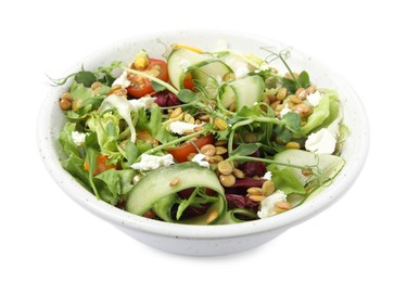 Bowl of delicious salad with lentils, vegetables and feta cheese isolated on white