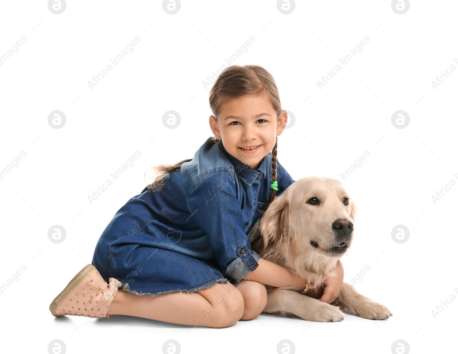Photo of Cute little child with his pet on white background