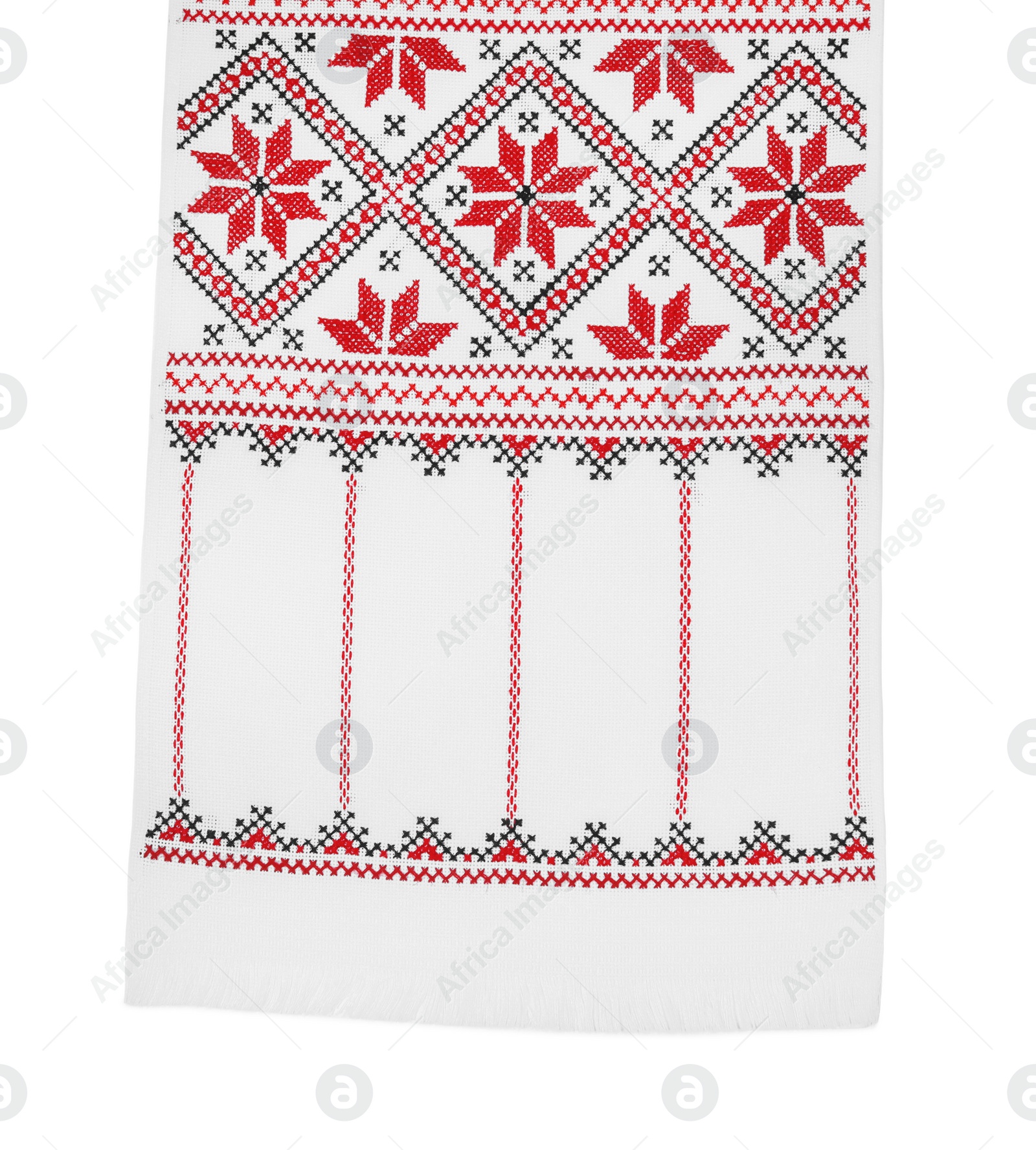 Photo of Beautiful rushnyk on white background, top view. Ukrainian national embroidery