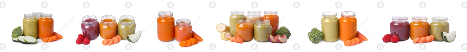 Image of Set of baby food in jars and fresh ingredients isolated on white