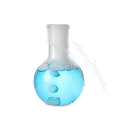 Photo of Laboratory flask with light blue liquid and steam isolated on white. Chemical reaction