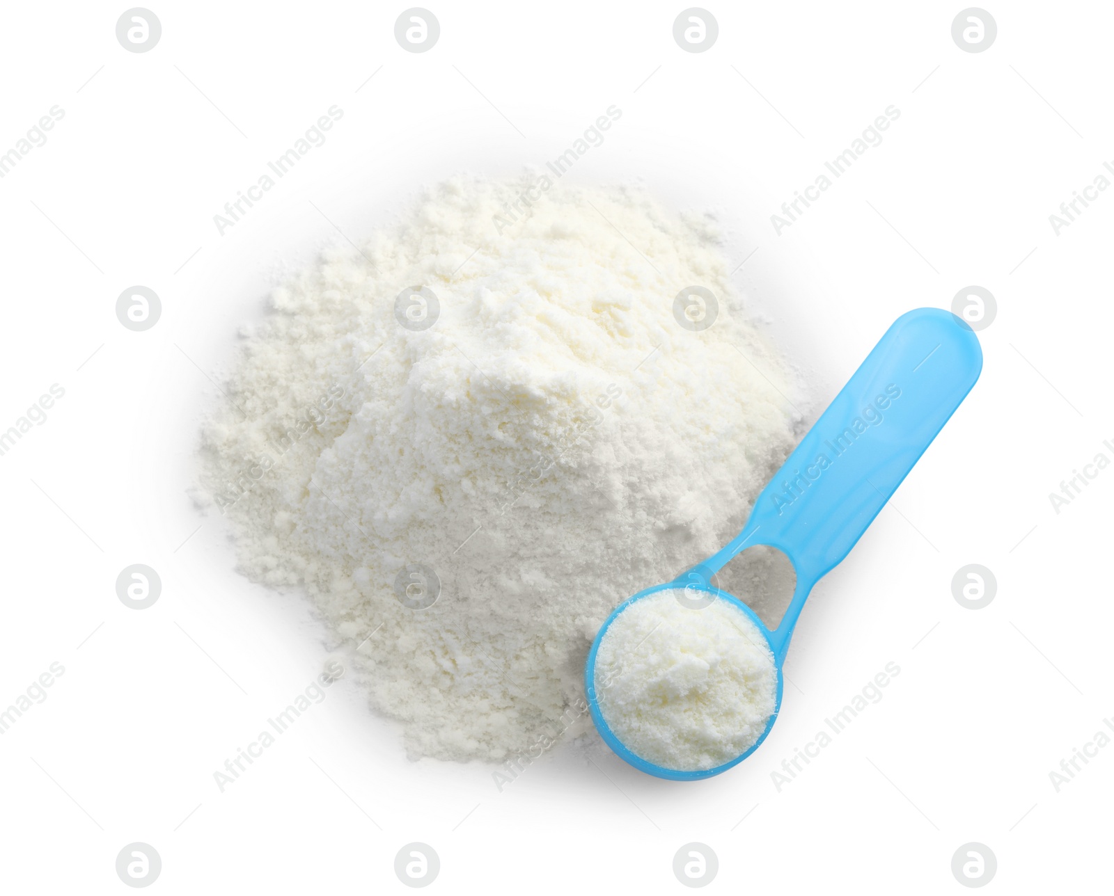 Photo of Powdered infant formula and scoop on white background, top view. Baby milk