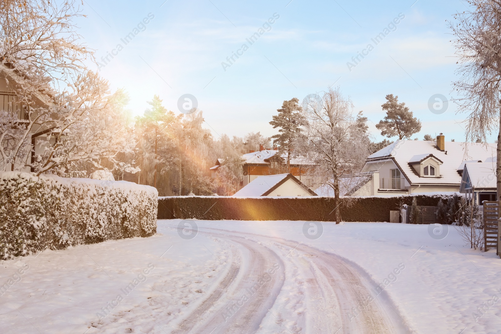 Photo of Beautiful view of city street with cottages and trees on winter day