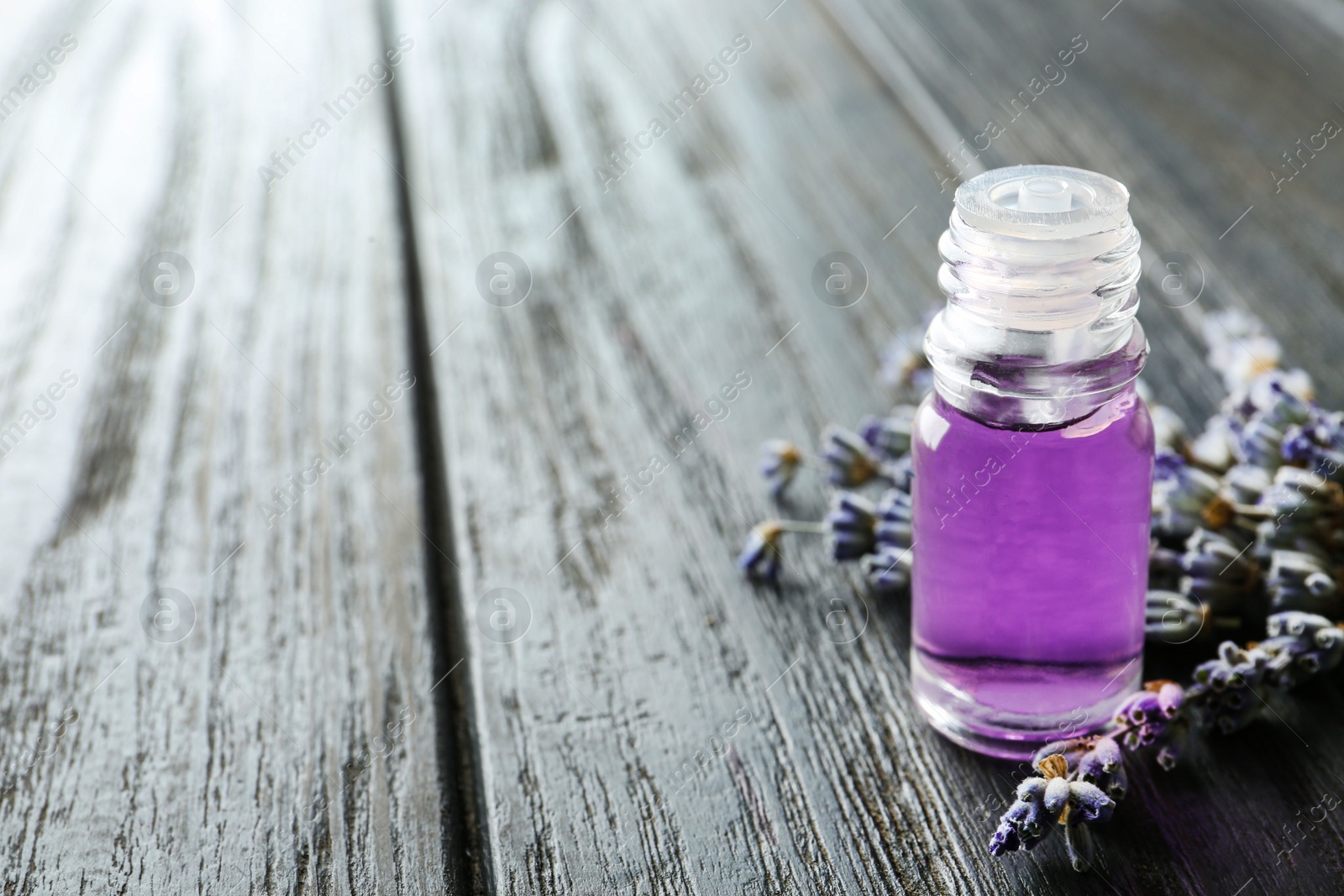 Photo of Bottle of natural essential oil and lavender flowers on dark wooden background. Space for text