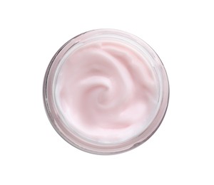 Photo of Jar of hand cream on white background, top view
