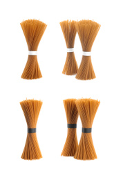 Image of Set of uncooked buckwheat noodles on white background