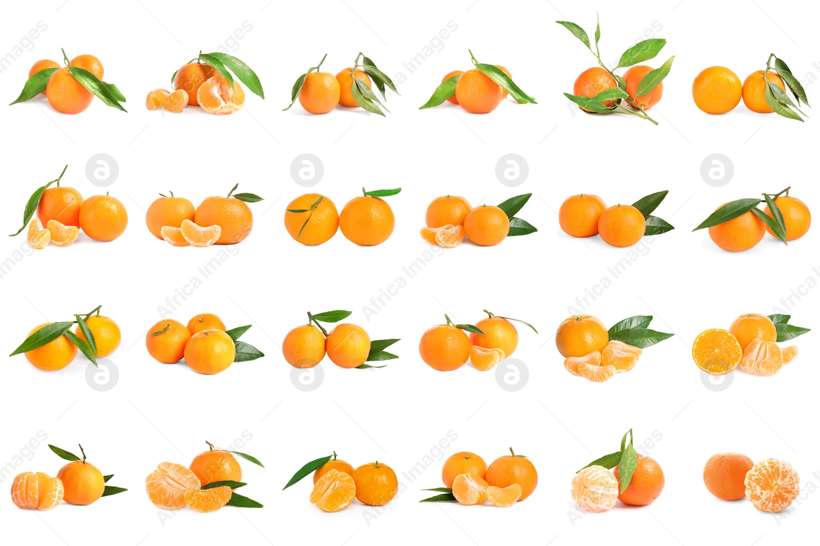 Image of Set of fresh ripe tangerines on white background