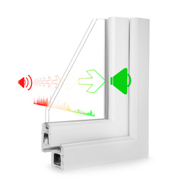 Window profile sample and illustrations on white background demonstrating noise cancelling effect