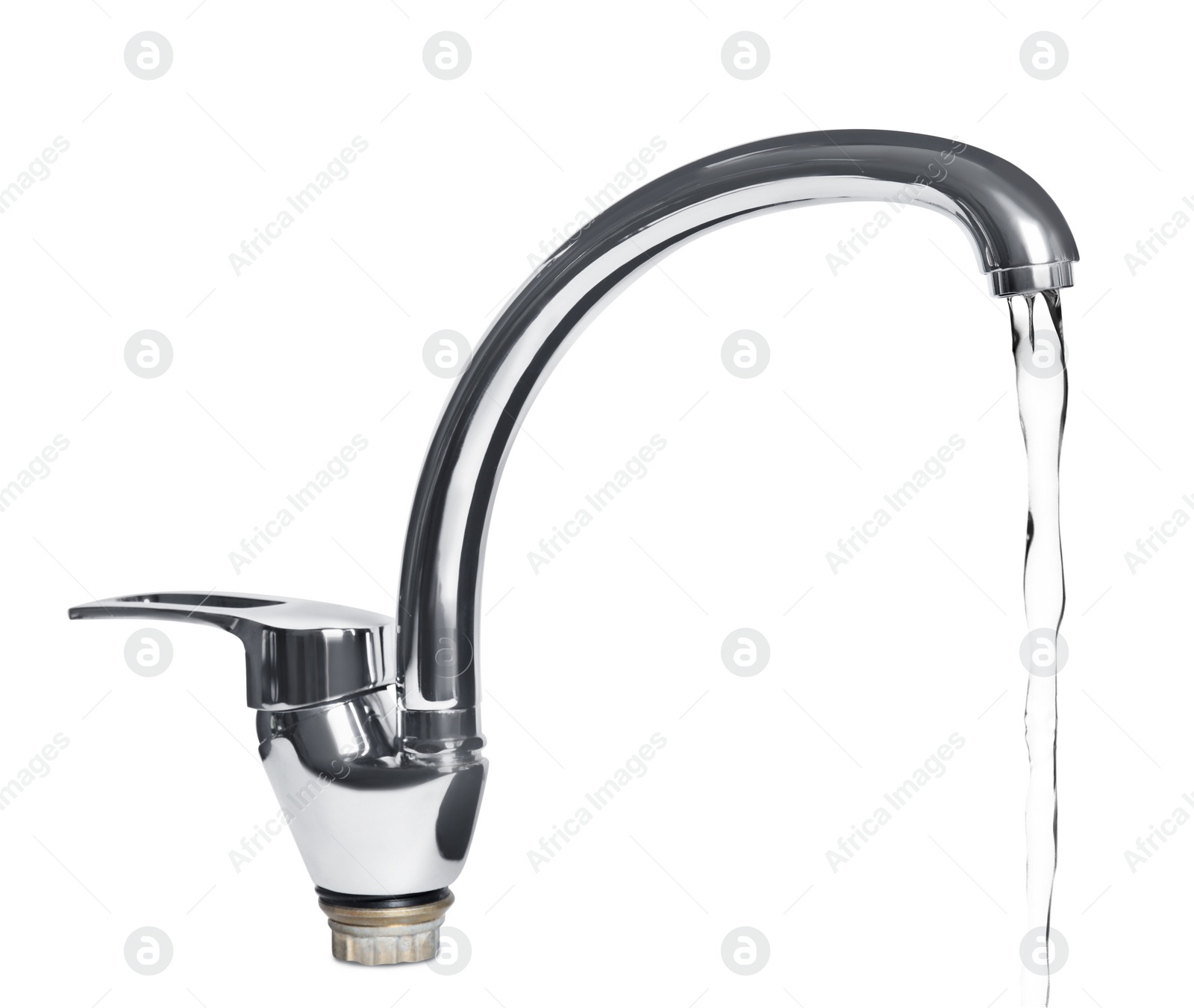 Image of Water stream flowing from tap on white background