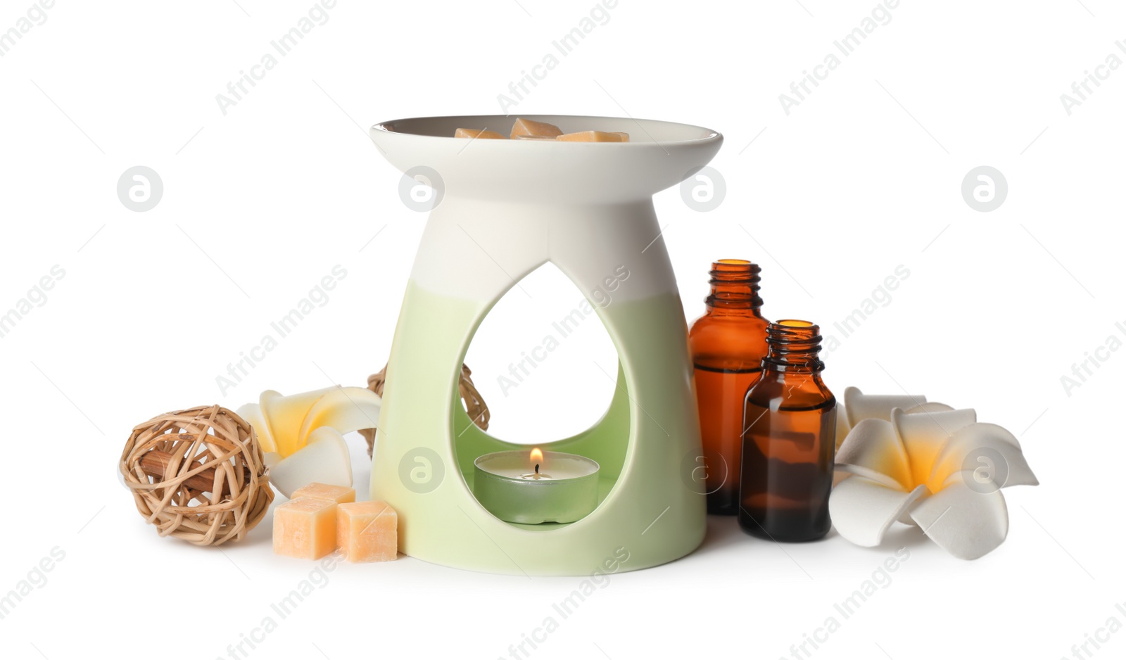 Photo of Composition with aroma lamp on white background