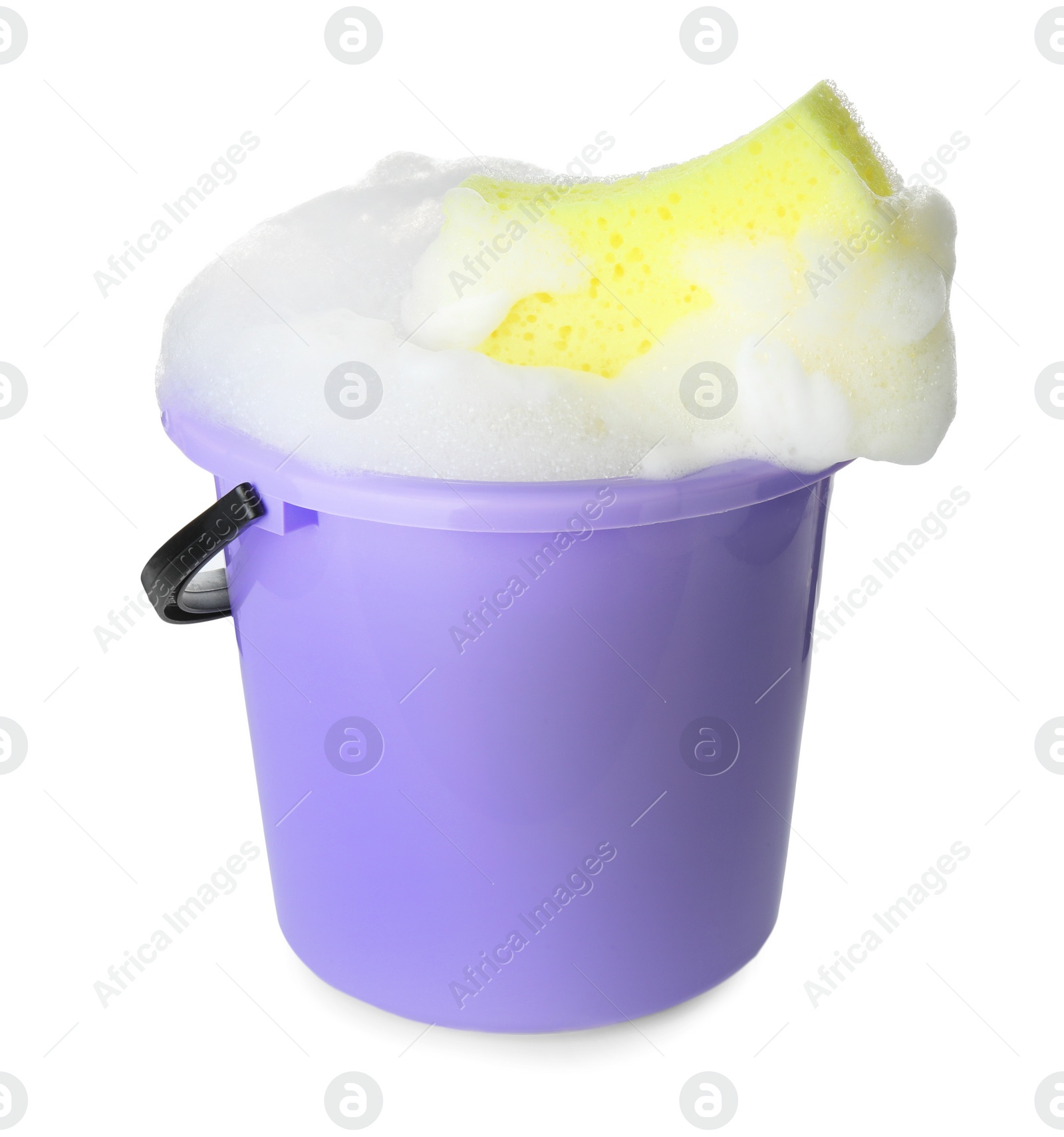 Photo of Bucket with foam and sponge isolated on white