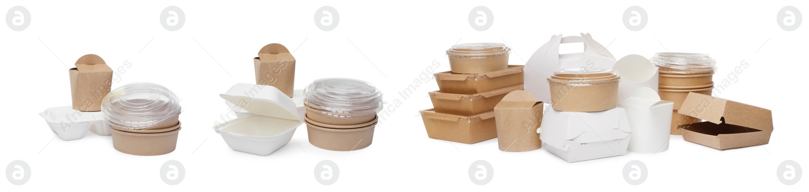 Image of Set with different containers for food on white background. Banner design