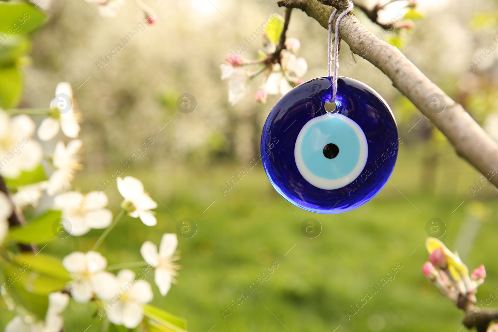 Photo of Evil eye amulet hanging on blossoming spring tree outdoors, closeup. Space for text