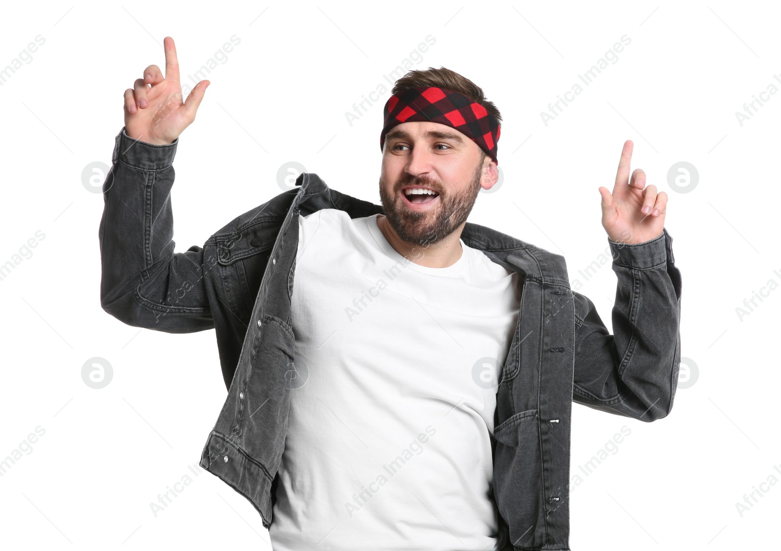 Photo of Fashionable young man in stylish outfit with bandana on white background