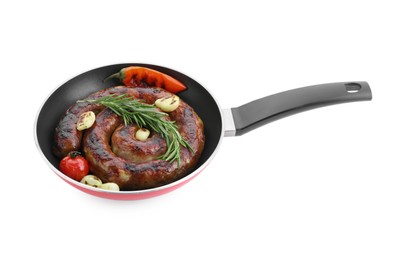 Pan with delicious homemade sausage, garlic, tomato, rosemary and chili isolated on white