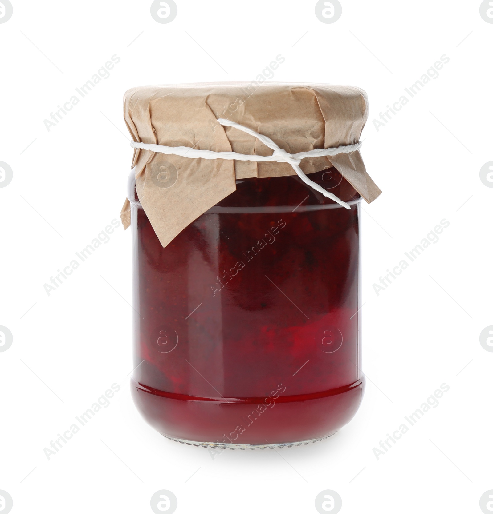 Photo of Jar of pickled strawberries isolated on white