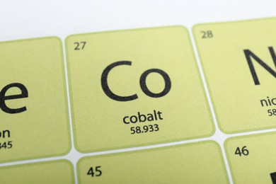 Photo of Symbol Cobalt on periodic table of chemical elements, closeup view
