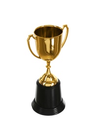 Shiny gold cup on white background. Winner's trophy