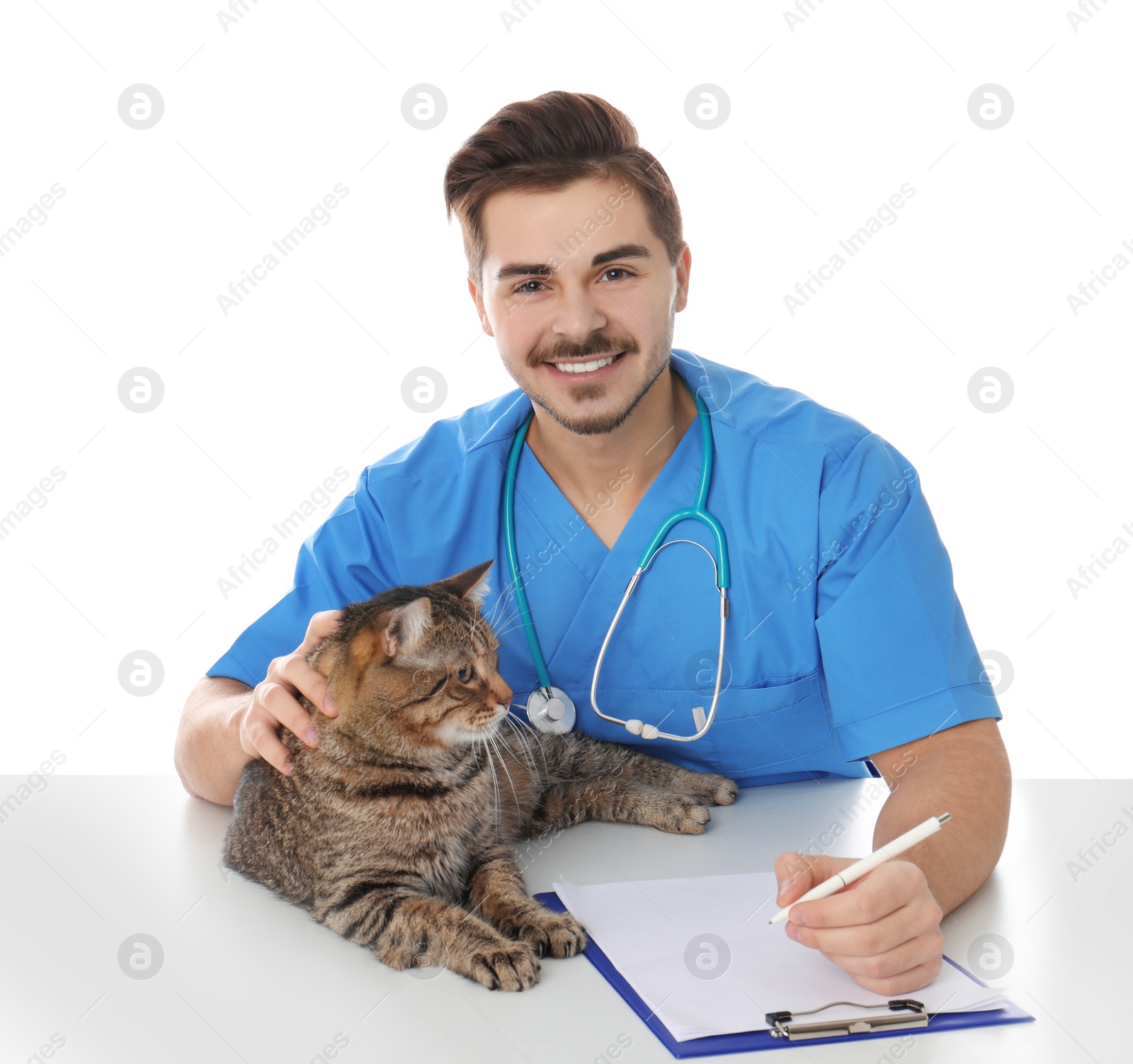 Photo of Veterinarian doc with cat on white background