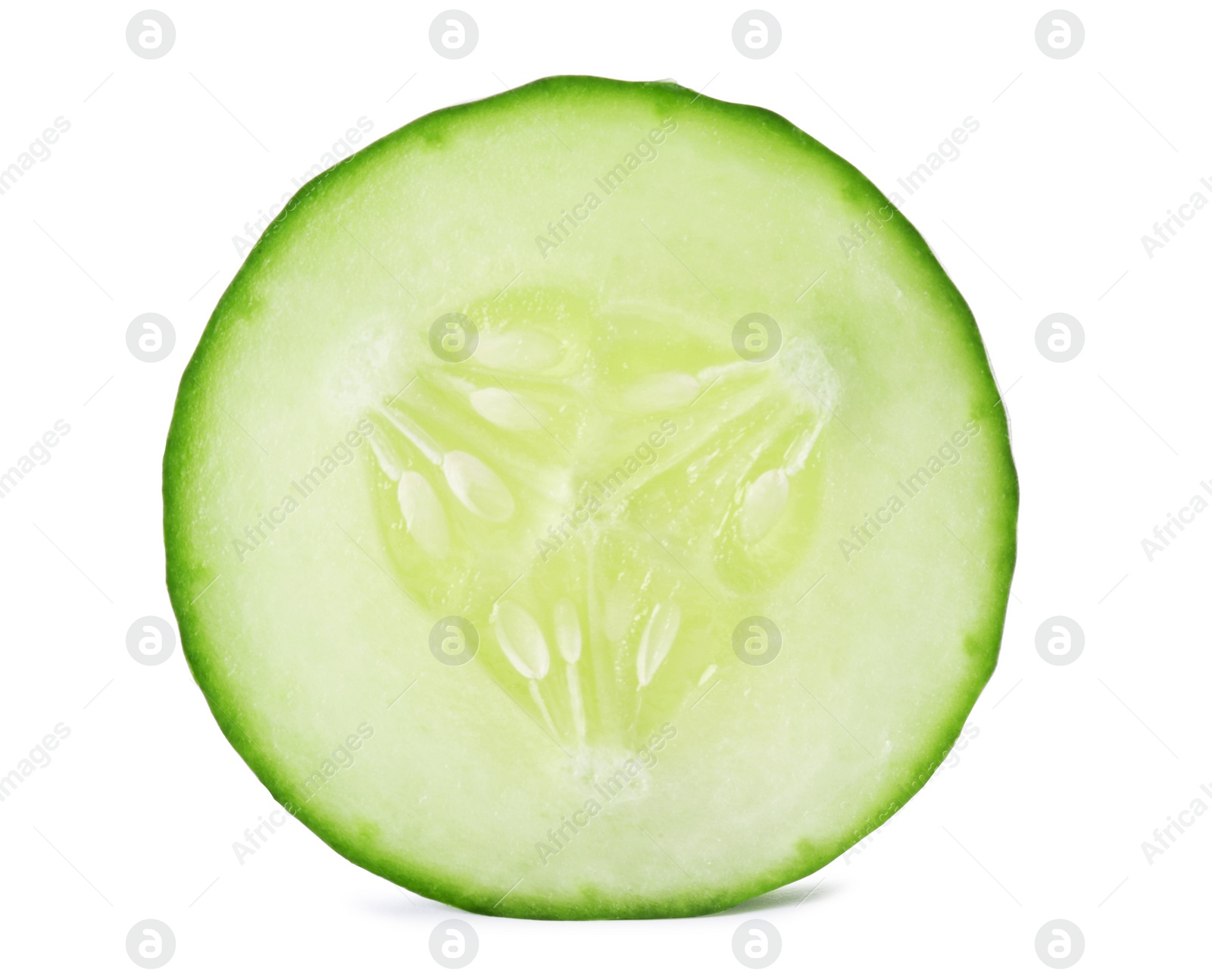 Photo of Slice of fresh cucumber on white background