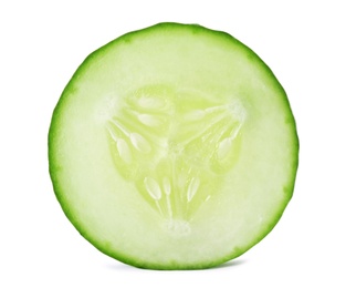 Photo of Slice of fresh cucumber on white background