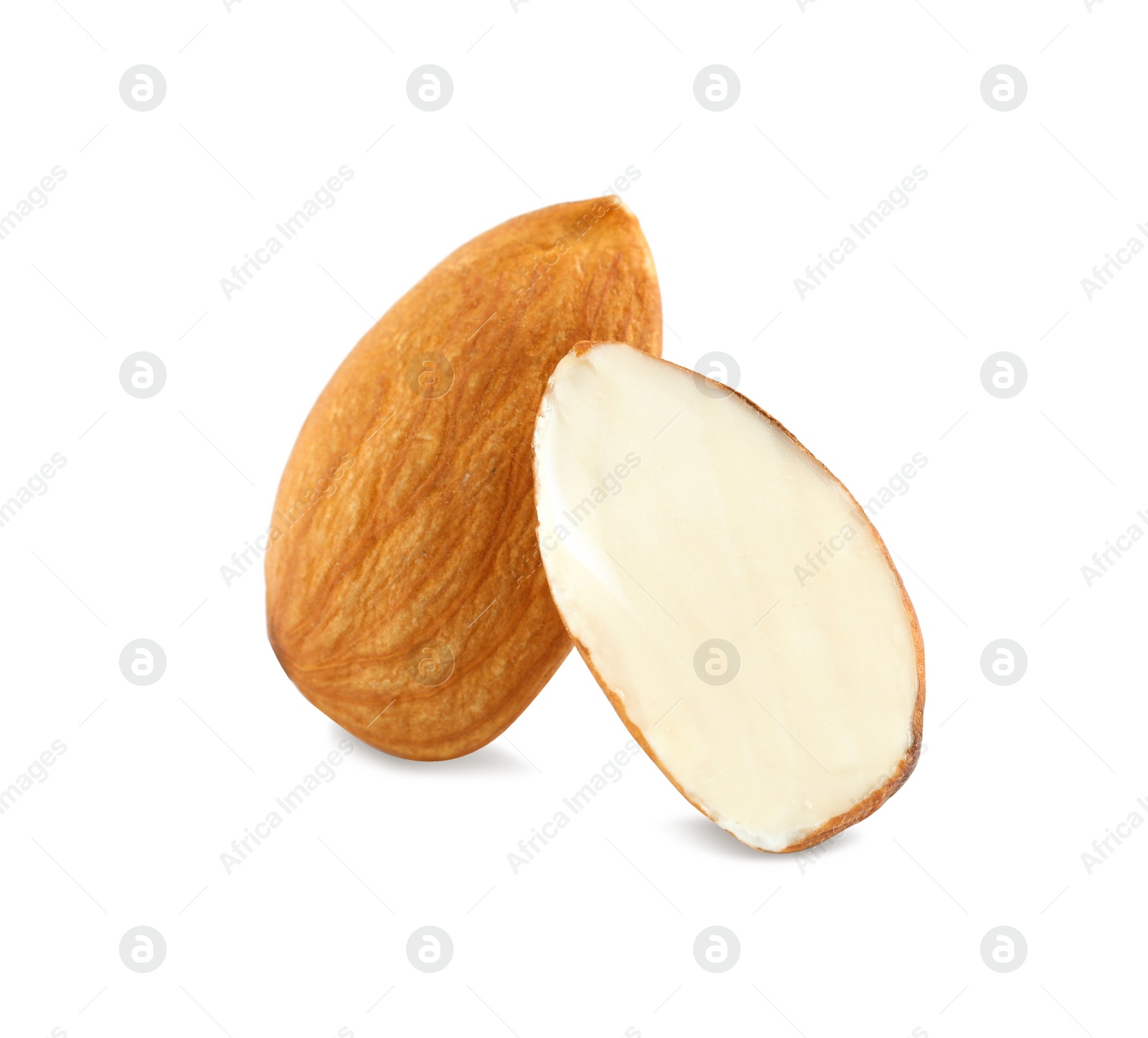 Photo of Organic almond nuts on white background. Healthy snack