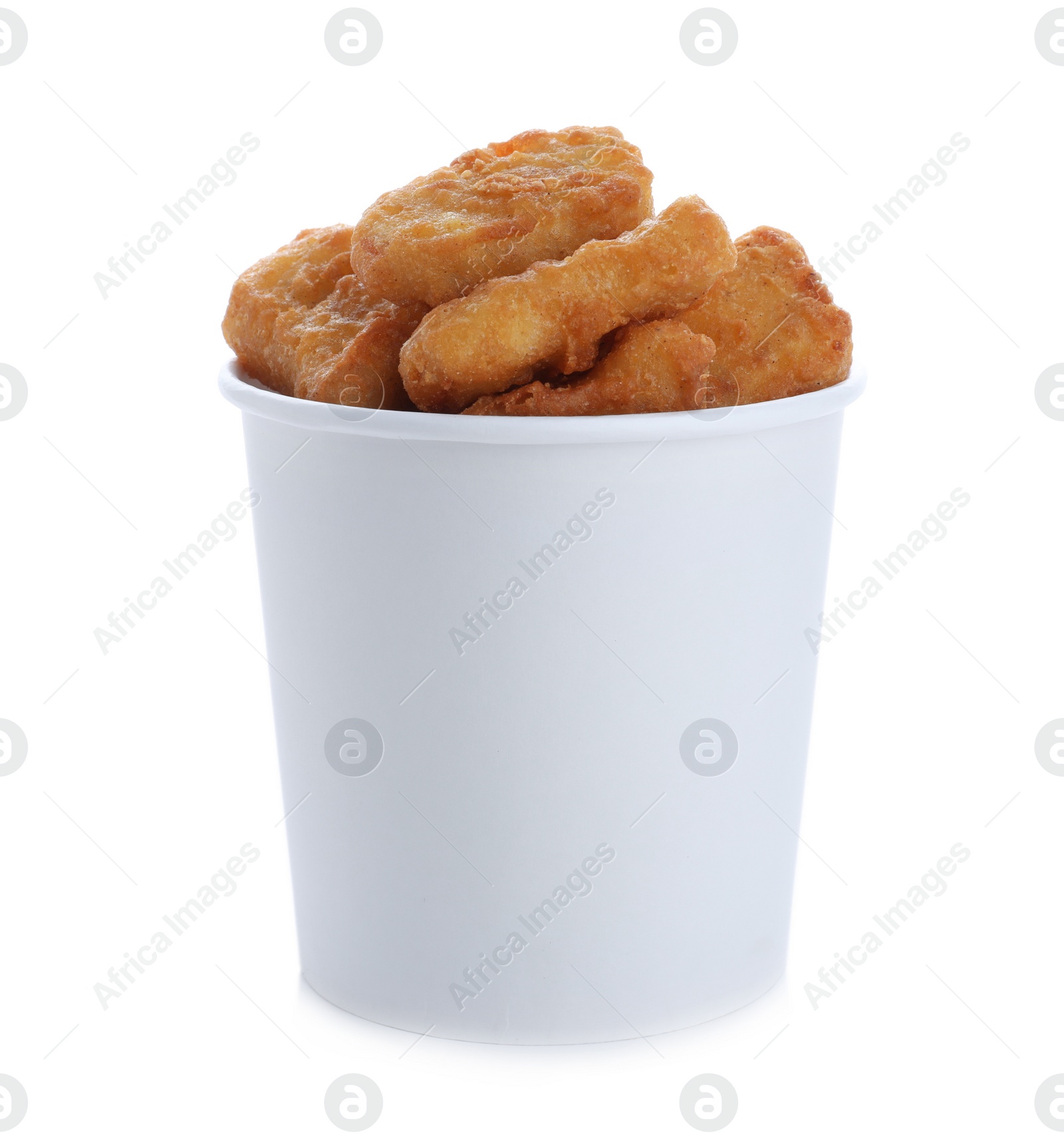 Photo of Bucket with tasty chicken nuggets isolated on white