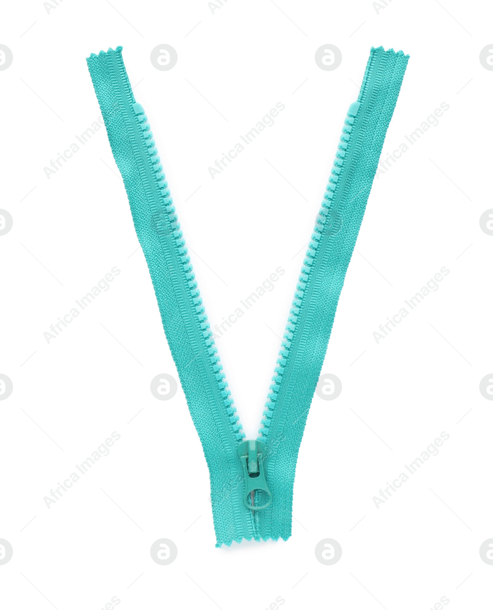 Photo of Turquoise zipper isolated on white, top view