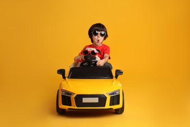 Photo of Little boy with his dog in toy car on yellow background