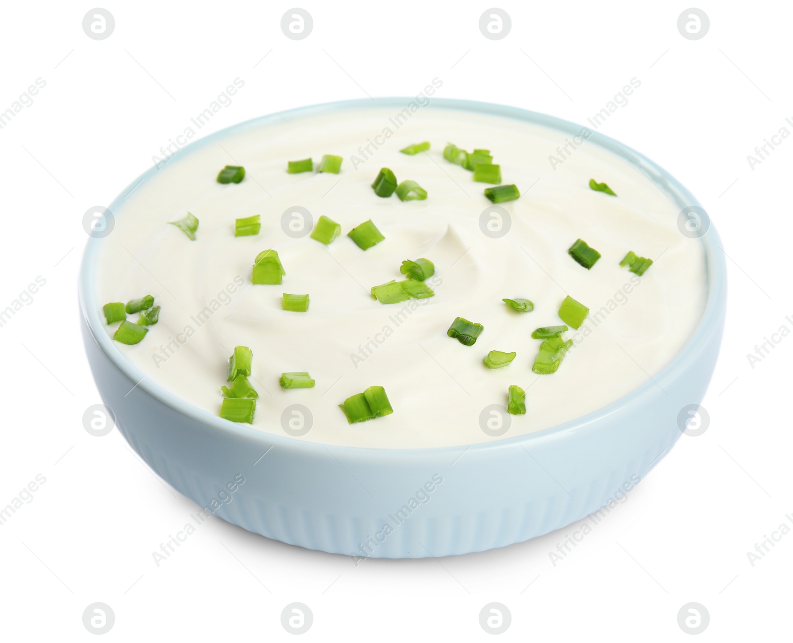 Photo of Fresh sour cream with onion on white background