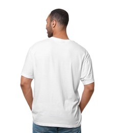 Man wearing t-shirt on white background, back view
