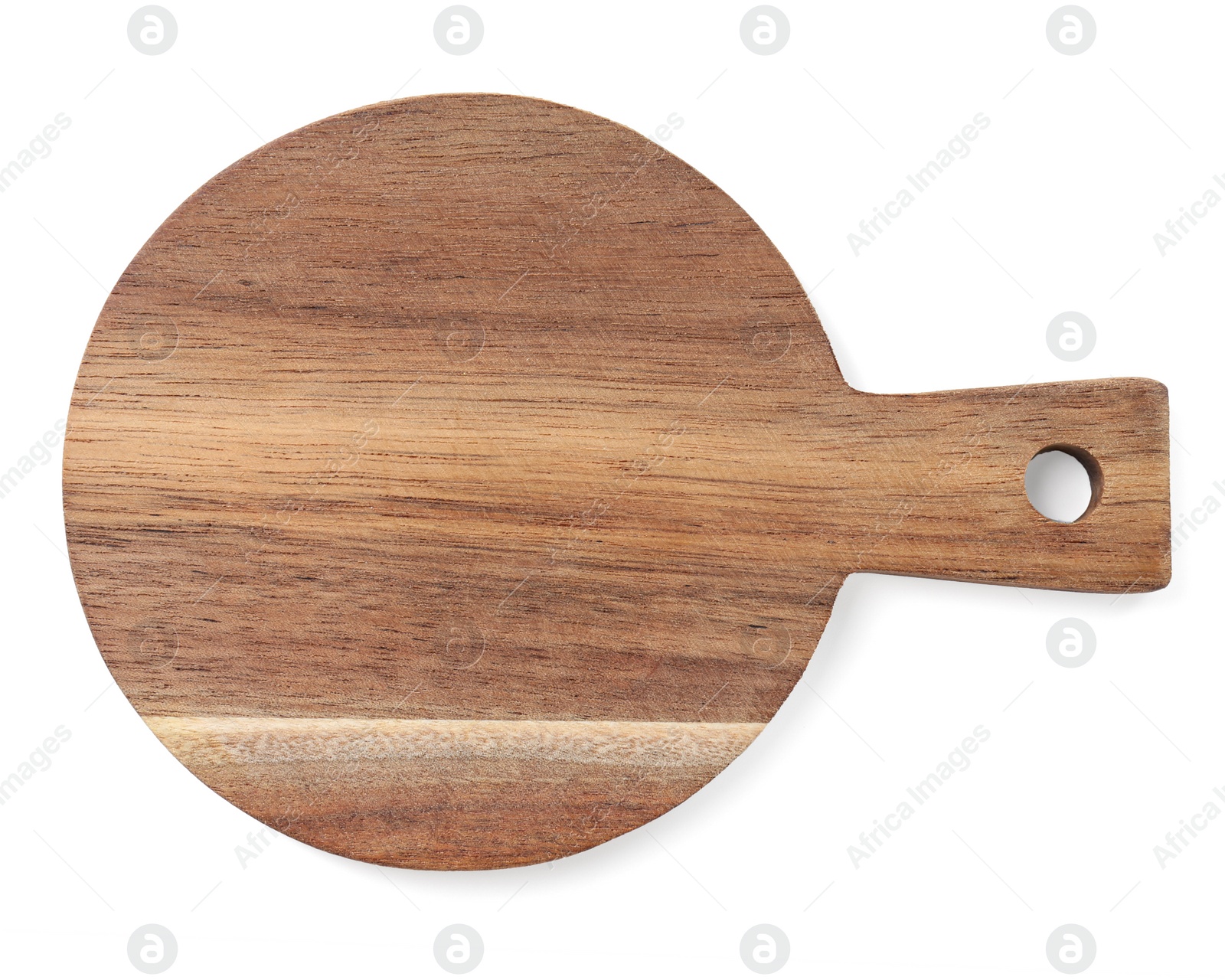 Photo of One wooden cutting board on white background, top view