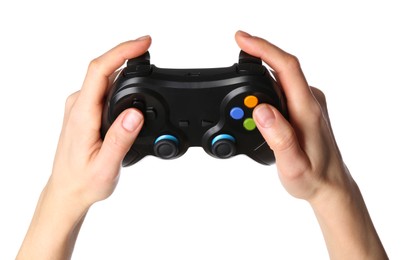 Woman using game controller on white background, closeup