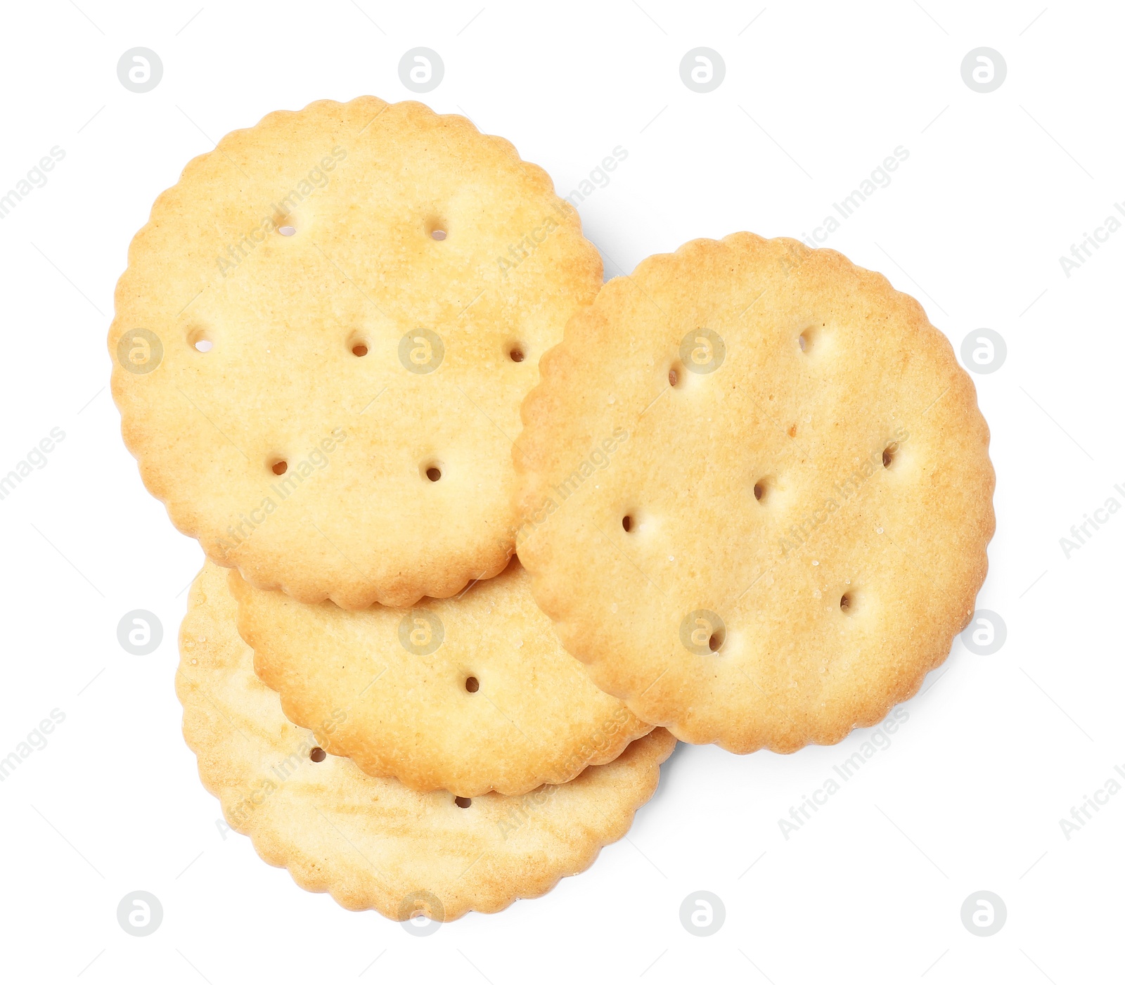 Photo of Many crispy crackers isolated on white, top view. Delicious snack