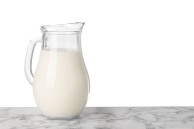 One jug of tasty milk on marble table against white background