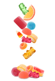 Image of Set of different jelly candies falling into pile on white background