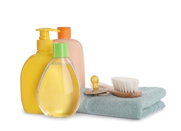Photo of Bottlebaby oil, other cosmetic products and accessories on white background