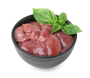 Photo of Bowl of raw chicken liver with basil isolated on white