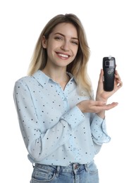 Young woman with modern breathalyzer on white background