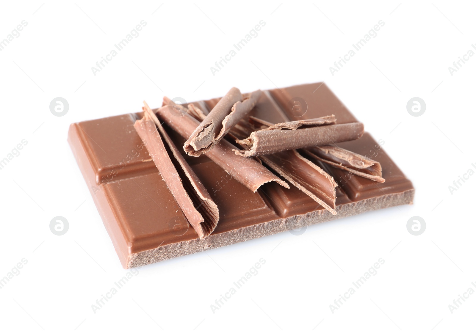 Photo of Chocolate curls and bar isolated on white