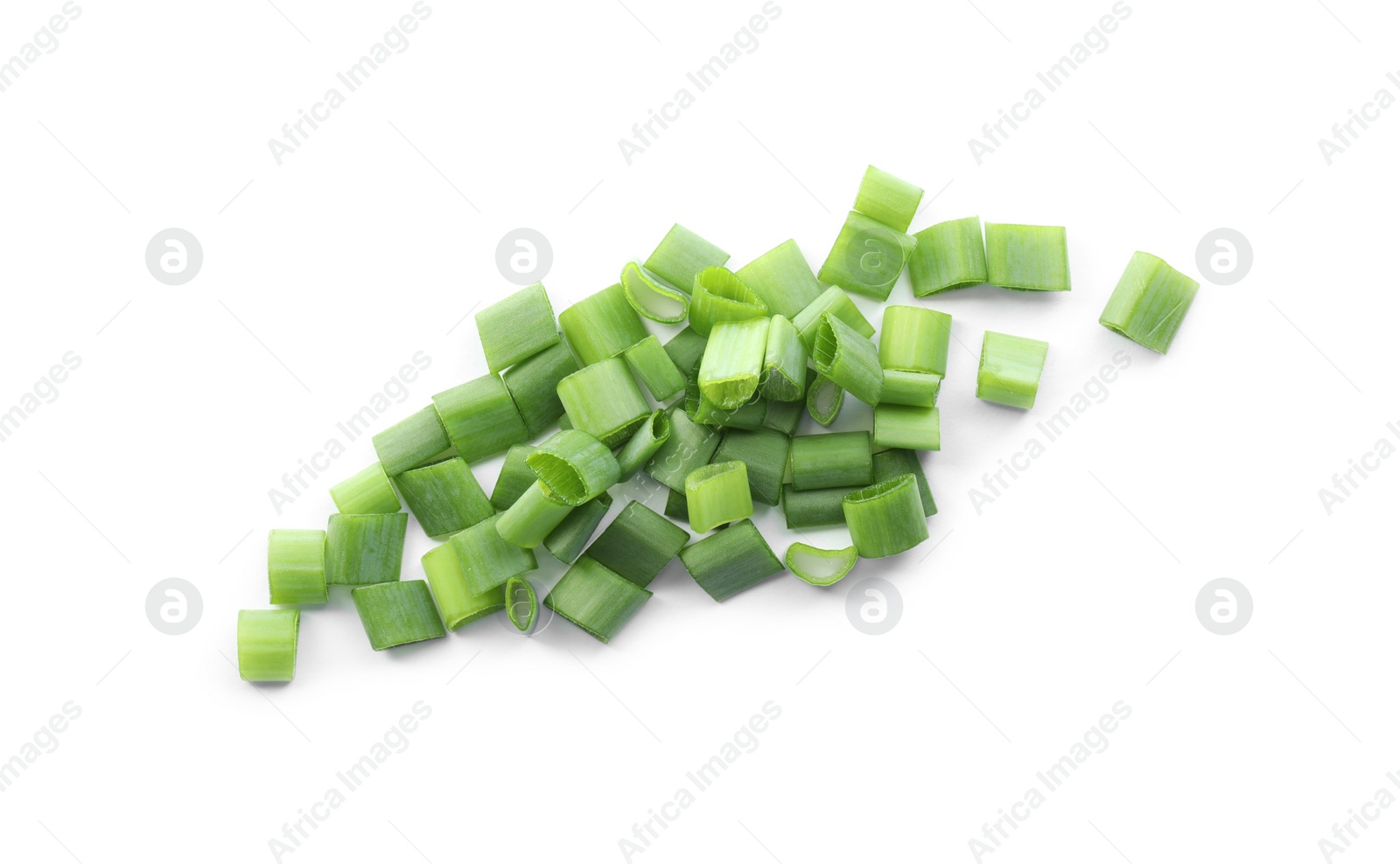 Photo of Pile of fresh green onion isolated on white, top view