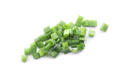 Photo of Pile of fresh green onion isolated on white, top view