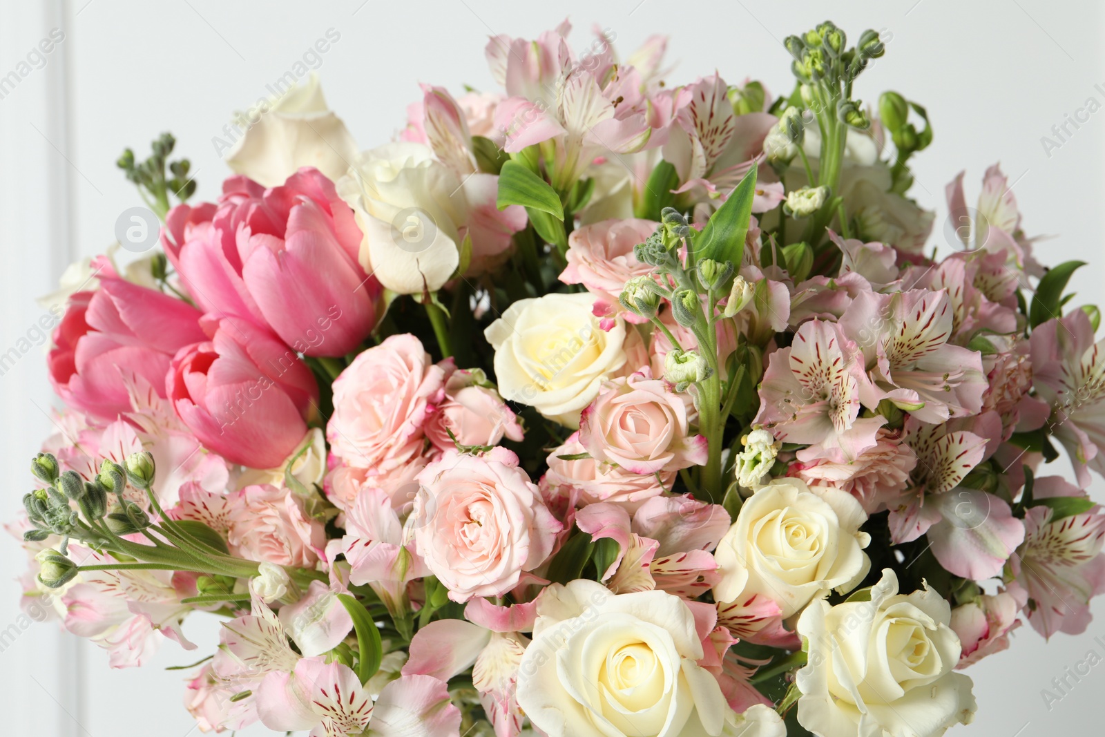 Photo of Beautiful bouquet of fresh flowers on white background, closeup