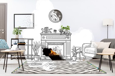 Image of From idea to realization. Beautiful living room interior with fireplace and houseplants. Collage of photo and sketch