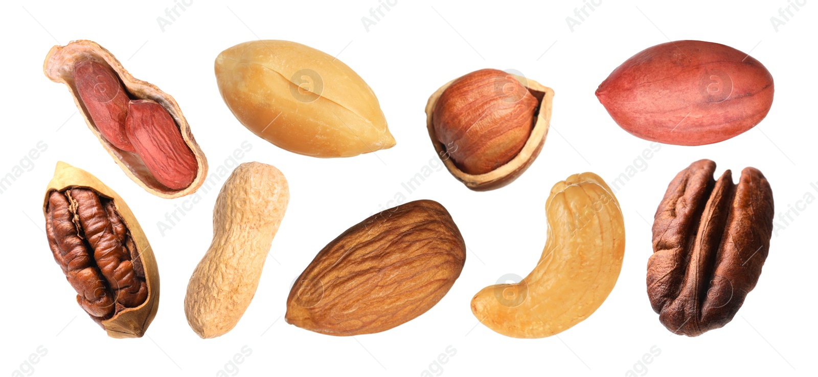 Image of Many different nuts isolated on white, set