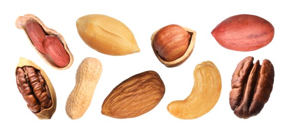 Image of Many different nuts isolated on white, set